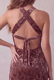 Khaki Bodycon Halter Burnout Velvet Short Cocktail Dress