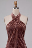 Khaki Bodycon Halter Burnout Velvet Short Cocktail Dress