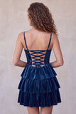 Navy A-Line Corset Burnout Velvet Tiered Ruffle Short Homecoming Dress with Lace Up Back