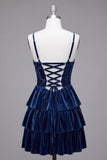 Navy A-Line Corset Burnout Velvet Tiered Ruffle Short Homecoming Dress with Lace Up Back