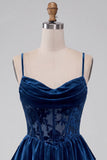 Navy A-Line Corset Burnout Velvet Tiered Ruffle Short Homecoming Dress with Lace Up Back