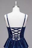 Navy A-Line Corset Burnout Velvet Tiered Ruffle Short Homecoming Dress with Lace Up Back