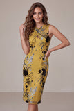 Ginger Yellow Sheath Keyhole Floral Midi Wedding Guest Dress