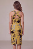 Ginger Yellow Sheath Keyhole Floral Midi Wedding Guest Dress