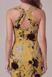 Ginger Yellow Sheath Keyhole Floral Midi Wedding Guest Dress