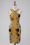 Ginger Yellow Sheath Keyhole Floral Midi Wedding Guest Dress