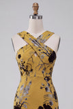 Ginger Yellow Sheath Keyhole Floral Midi Wedding Guest Dress