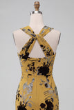 Ginger Yellow Sheath Keyhole Floral Midi Wedding Guest Dress