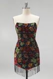 Black Bodycon Strapless Floral Print Mini Homecoming Dress with Fringes
