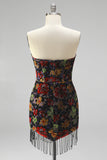 Black Bodycon Strapless Floral Print Mini Homecoming Dress with Fringes