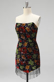 Black Bodycon Strapless Floral Print Mini Homecoming Dress with Fringes
