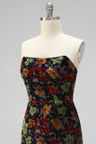 Black Bodycon Strapless Floral Print Mini Homecoming Dress with Fringes