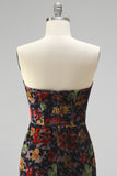 Black Bodycon Strapless Floral Print Mini Homecoming Dress with Fringes