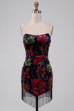 Black Bodycon Strapless Floral Print Mini Homecoming Dress with Fringes