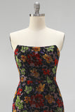 Black Bodycon Strapless Floral Print Mini Homecoming Dress with Fringes