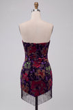 Black Bodycon Strapless Floral Print Mini Homecoming Dress with Fringes
