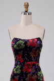 Black Bodycon Strapless Floral Print Mini Homecoming Dress with Fringes