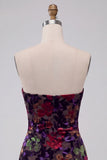 Black Bodycon Strapless Floral Print Mini Homecoming Dress with Fringes