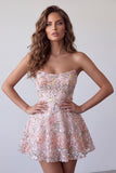 Blush Strapless A-Line Sequins Floral Embroidery Short Homecoming Dress