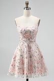 Blush Strapless A-Line Sequins Floral Embroidery Short Homecoming Dress