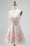 Blush Strapless A-Line Sequins Floral Embroidery Short Homecoming Dress