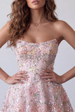 Blush Strapless A-Line Sequins Floral Embroidery Short Homecoming Dress