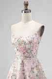 Blush Strapless A-Line Sequins Floral Embroidery Short Homecoming Dress