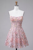 Blush Strapless A-Line Sequins Floral Embroidery Short Homecoming Dress