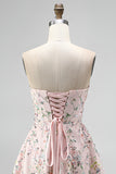Blush Strapless A-Line Sequins Floral Embroidery Short Homecoming Dress