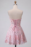 Blush Strapless A-Line Sequins Floral Embroidery Short Homecoming Dress