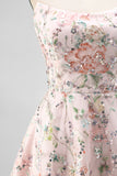 Blush Strapless A-Line Sequins Floral Embroidery Short Homecoming Dress