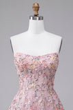 Blush Strapless A-Line Sequins Floral Embroidery Short Homecoming Dress