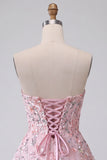 Blush Strapless A-Line Sequins Floral Embroidery Short Homecoming Dress