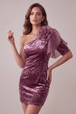 Vintage Mauve Velvet Bodycon One Shoulder Short Cocktail Dress with 3D Flower