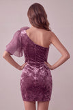 Vintage Mauve Velvet Bodycon One Shoulder Short Cocktail Dress with 3D Flower
