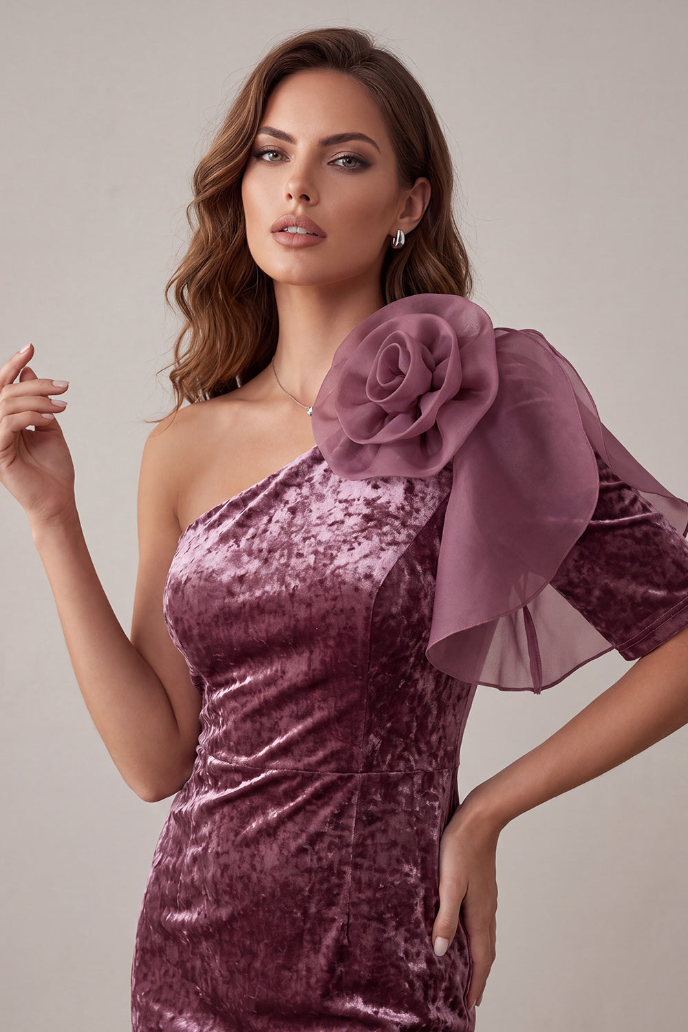 Vintage Mauve Velvet Bodycon One Shoulder Short Cocktail Dress with 3D Flower