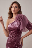 Vintage Mauve Velvet Bodycon One Shoulder Short Cocktail Dress with 3D Flower
