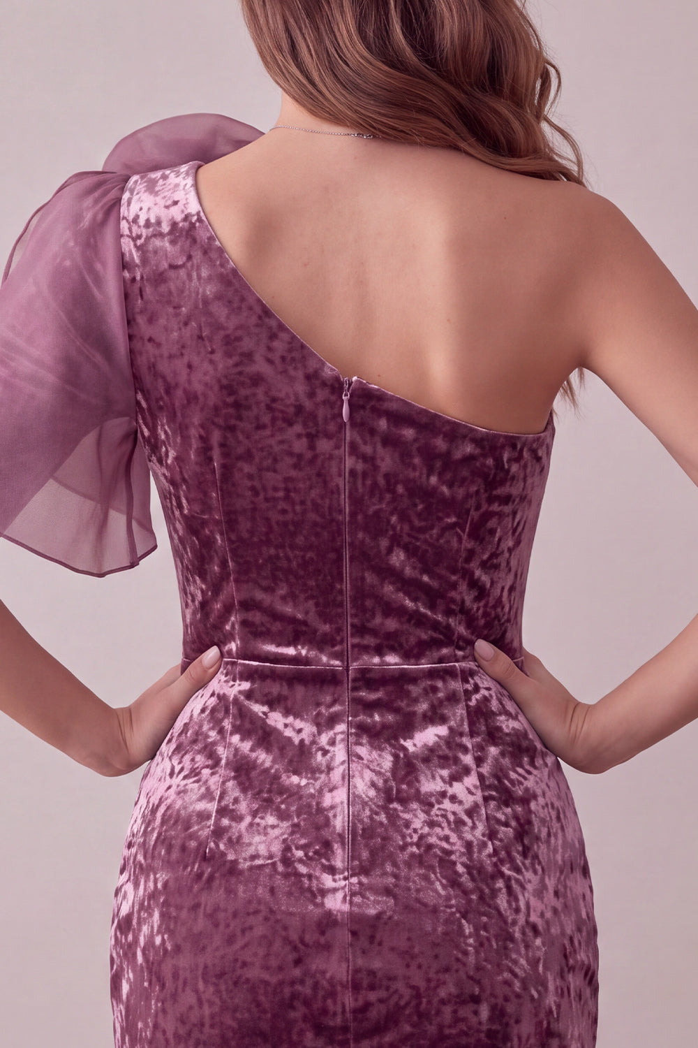 Vintage Mauve Velvet Bodycon One Shoulder Short Cocktail Dress with 3D Flower