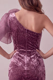 Vintage Mauve Velvet Bodycon One Shoulder Short Cocktail Dress with 3D Flower