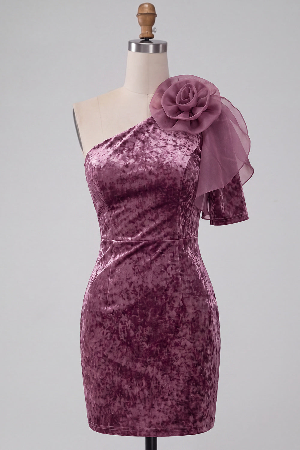 Vintage Mauve Velvet Bodycon One Shoulder Short Cocktail Dress with 3D Flower