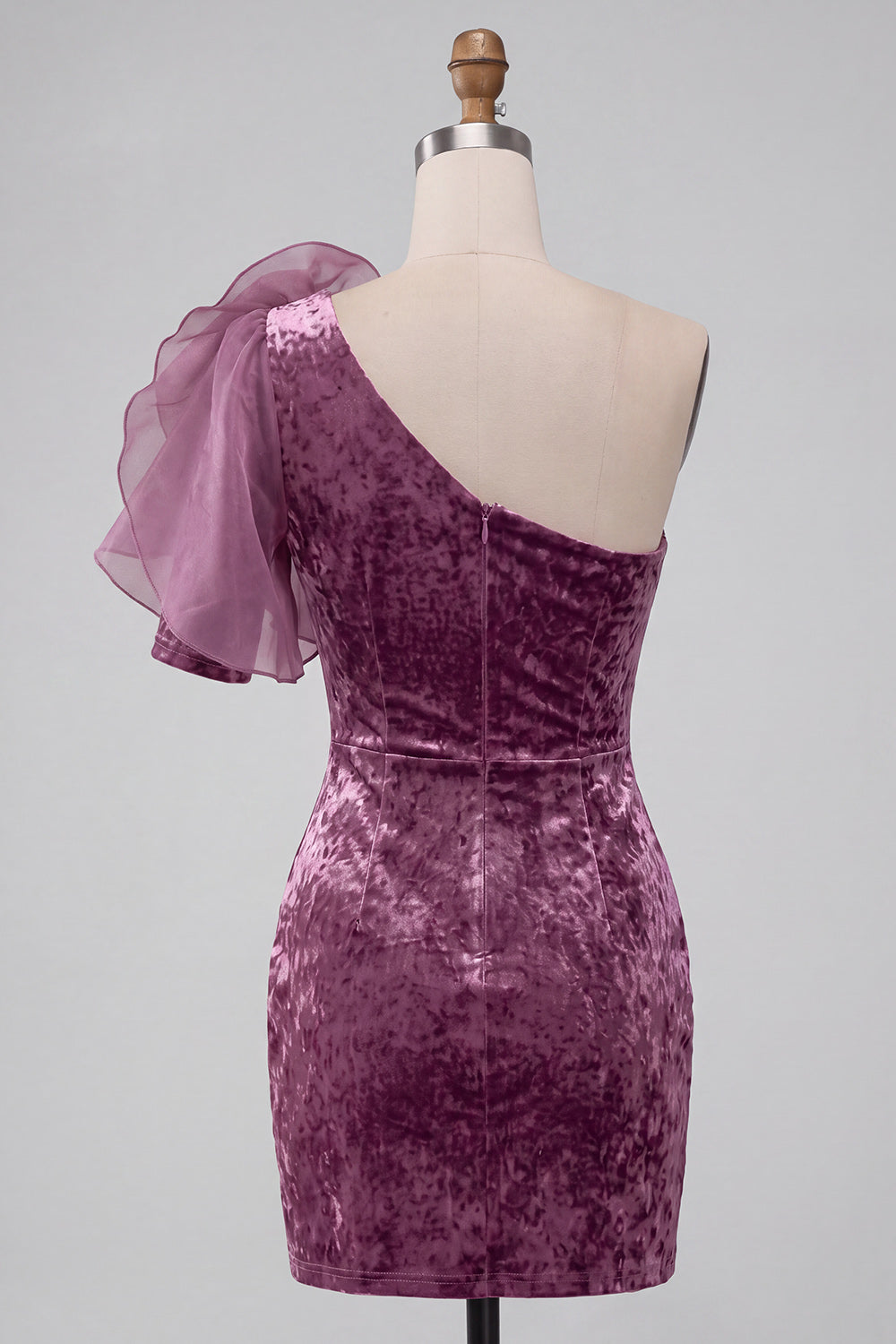 Vintage Mauve Velvet Bodycon One Shoulder Short Cocktail Dress with 3D Flower