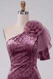 Vintage Mauve Velvet Bodycon One Shoulder Short Cocktail Dress with 3D Flower