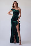Dark Green One Shoulder Beaded Mermaid Ruched Long Formal Dress with Rhinestone
