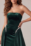 Dark Green Velvet Sheath Beaded Pearls Strapless Long Evening Dress with Sweep Train