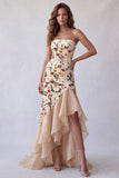 Strapless Champagne Velvet Mermaid Printed High-Low Long Formal Dress