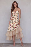 Champagne Printed A-Line Asymmetrical Ruffled High-Low Hem Long Formal Dress