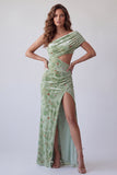 Floral Dusty Sage Printed One Shoulder Ruched Velvet Long Formal Dress with Side Slit
