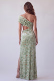 Floral Dusty Sage Printed One Shoulder Ruched Velvet Long Formal Dress with Side Slit