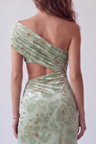 Floral Dusty Sage Printed One Shoulder Ruched Velvet Long Formal Dress with Side Slit