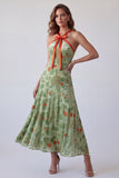 Dusty Sage A-Line Halter Floral Long Formal Dress with Bow